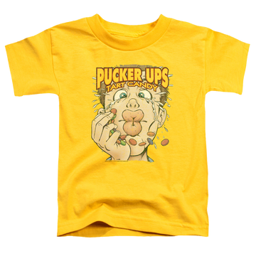 Yellow kid's t-shirt for ages 4 to 7 with Dubble Bubble Pucker Ups graphic