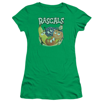 Kelly green juniors t-shirt with Dubble Bubble Rascals graphic