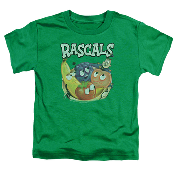 Kelly green kid's t-shirt for ages 4 to 7 with Dubble Bubble Rascals graphic