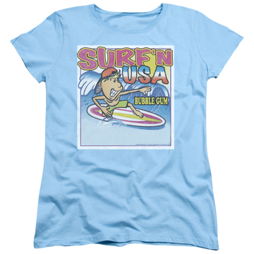 Light blue women's t-shirt with Dubble Bubble Surfn Usa Gum graphic