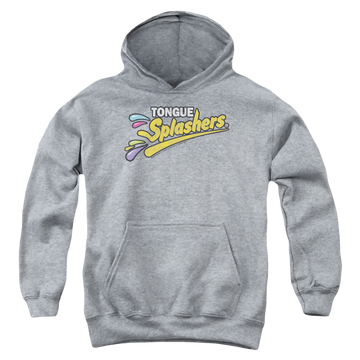 Athletic heather youth hoodie for ages 8 to 12 with Dubble Bubble Tongue Splashers Logo graphic