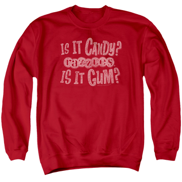 Red men's crewneck sweatshirt with Dubble Bubble What Is This graphic