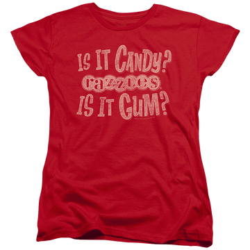 Red women's t-shirt with Dubble Bubble What Is This graphic
