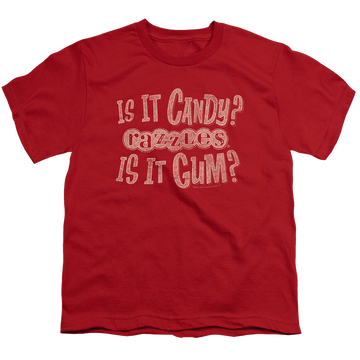 Red youth t-shirt for ages 8 to 12 with Dubble Bubble What Is This graphic