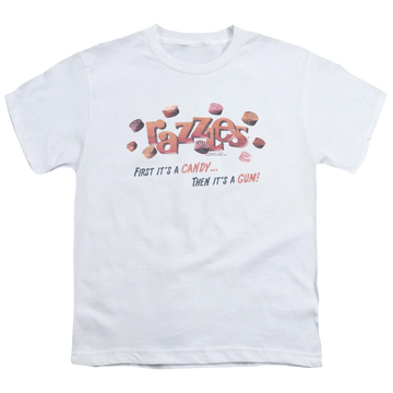 White youth t-shirt for ages 8 to 12 with Dubble Bubble A Gum And A Candy graphic