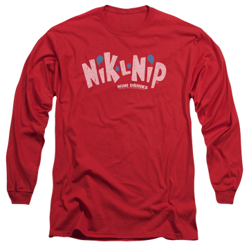 Red men's long sleeve t-shirt with Dubble Bubble Distressed Logo graphic