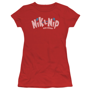 Red juniors t-shirt with Dubble Bubble Distressed Logo graphic