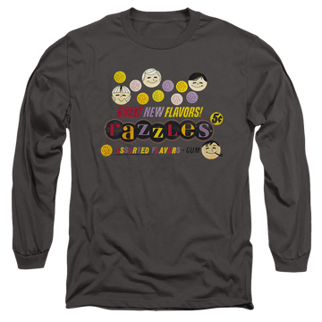 Charcoal men's long sleeve t-shirt with Dubble Bubble Razzles Retro Box graphic