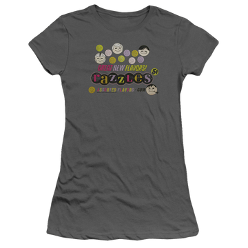 Charcoal juniors t-shirt with Dubble Bubble Razzles Retro Box graphic