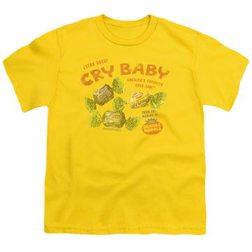 Yellow youth t-shirt for ages 8 to 12 with Dubble Bubble Cry Babies Vintage Ad graphic