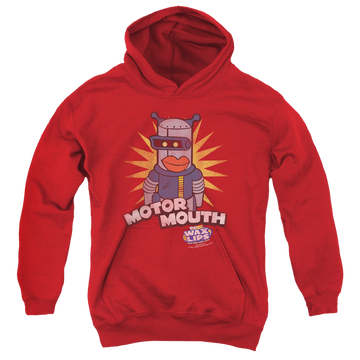 Red youth hoodie for ages 8 to 12 with Dubble Bubble Motor Mouth graphic