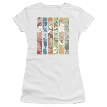 White juniors t-shirt with DC Comics Justice League Columns graphic