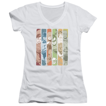 DC Comics Justice League Columns - Juniors V-Neck T-Shirt Juniors V-Neck T-Shirt Justice League