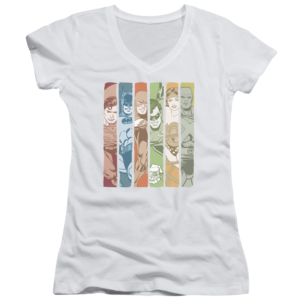 DC Comics Justice League Columns - Juniors V-Neck T-Shirt Juniors V-Neck T-Shirt Justice League