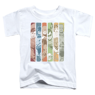 White toddler t-shirt with Justice League Columns graphic