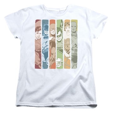 White women's t-shirt with DC Comics Justice League Columns graphic