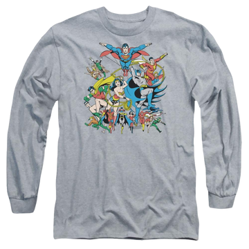 Athletic heather men's long sleeve t-shirt with DC Comics Justice League Assemble graphic