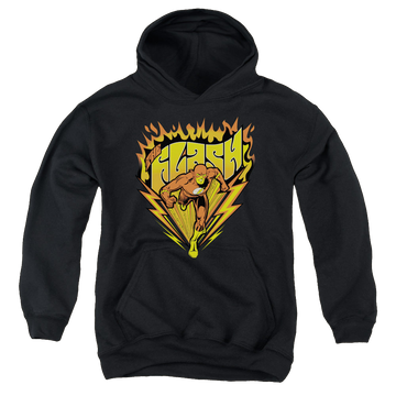 Black youth hoodie for ages 8 to 12 with The Flash Blazing Speed graphic