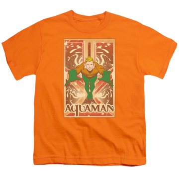 Orange youth t-shirt for ages 8 to 12 with Aquaman graphic