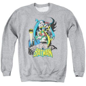 Athletic heather men's crewneck sweatshirt with Batman DC Comics Heroic Trio graphic