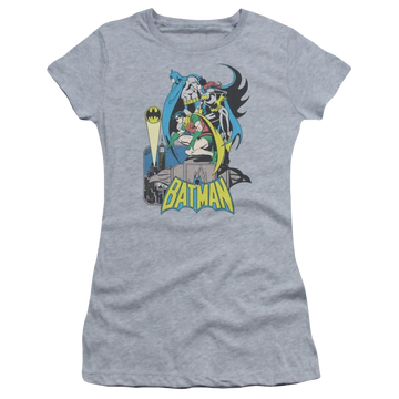 Athletic heather juniors t-shirt with Batman DC Comics Heroic Trio graphic