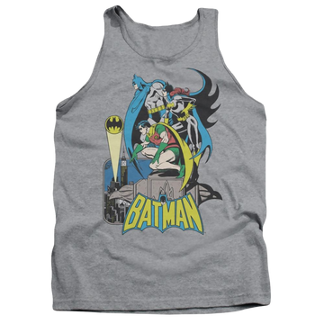 Athletic heather men's tank with Batman DC Comics Heroic Trio graphic