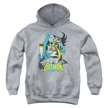 Athletic heather youth hoodie for ages 8 to 12 with Batman Robin Heroic Trio graphic