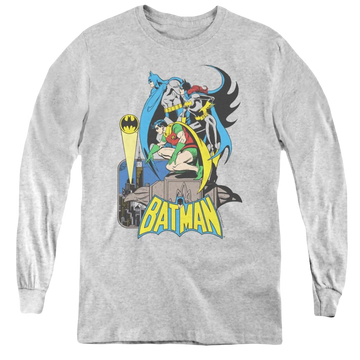 Athletic heather youth long sleeve t-shirt with Batman Robin Heroic Trio graphic