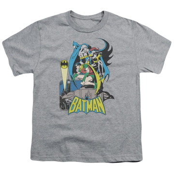 Athletic heather youth t-shirt for ages 8 to 12 with Batman Robin Heroic Trio graphic