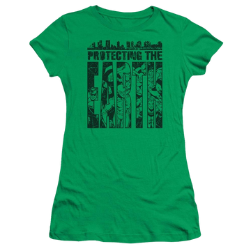 Kelly green juniors t-shirt with Justice League DC Comics Protecting The Earth graphic