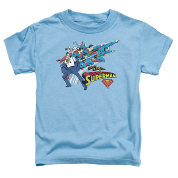 Carolina blue kid's t-shirt for ages 4 to 7 with Superman Quick Change graphic