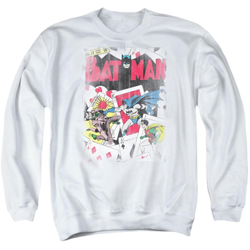 White men's crewneck sweatshirt with Batman DC Comics Number 11 Distressed graphic