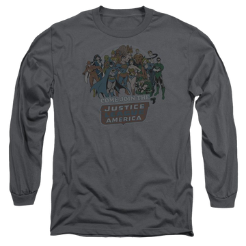 Charcoal men's long sleeve t-shirt with DC Comics Join The Justice League graphic