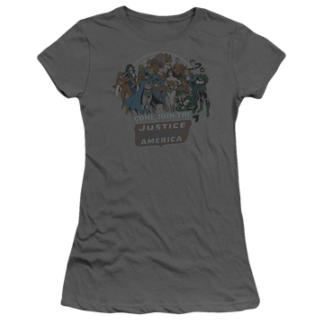 Charcoal juniors t-shirt with DC Comics Join The Justice League graphic