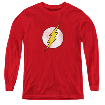 Red youth long sleeve t-shirt with Flash Logo Distressed graphic