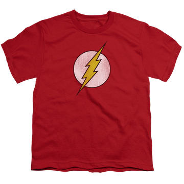 Red youth t-shirt for ages 8 to 12 with Flash Logo Distressed graphic