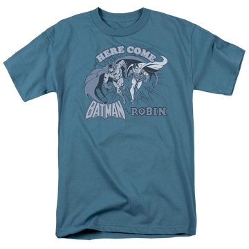 Slate men's regular fit t-shirt with DC Comics Here Come Batman And Robin graphic