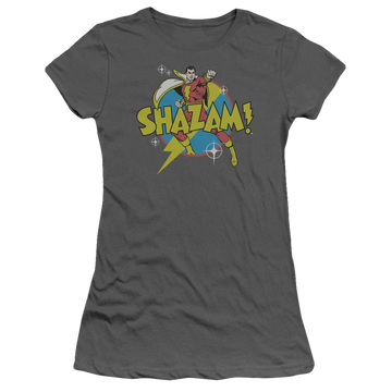 Charcoal juniors t-shirt with Shazam DC Comics Power Bolt graphic