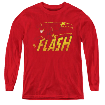 Red youth long sleeve t-shirt with Flash Speed Distressed graphic