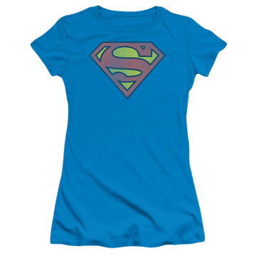 Turquoise juniors t-shirt with Superman DC Comics Retro Supes Logo Distressed graphic