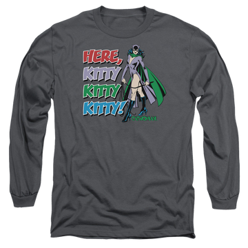 Charcoal men's long sleeve t-shirt with Catwoman Here Kitty graphic