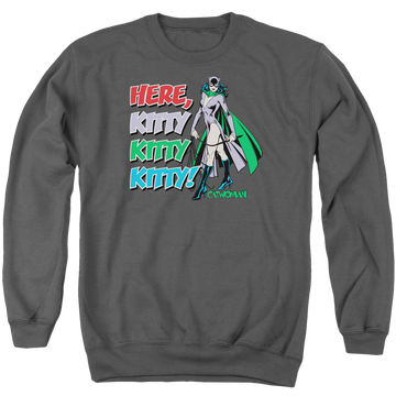 Charcoal men's crewneck sweatshirt with Catwoman Here Kitty graphic