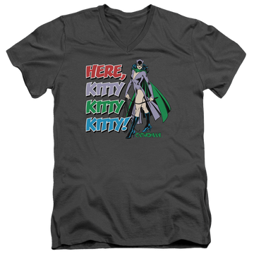 Charcoal men's v-neck t-shirt with Catwoman Here Kitty graphic