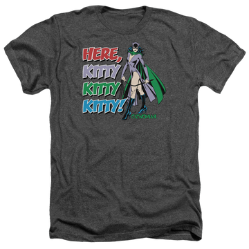 Charcoal men's heather t-shirt with Catwoman Here Kitty graphic