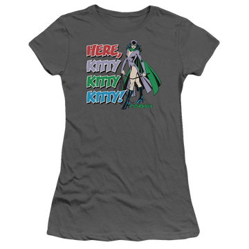 Charcoal juniors t-shirt with Catwoman Here Kitty graphic