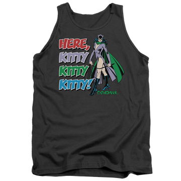 Charcoal men's tank with Catwoman Here Kitty graphic