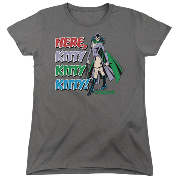Charcoal women's t-shirt with Catwoman Here Kitty graphic