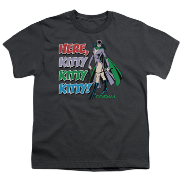 Charcoal youth t-shirt for ages 8 to 12 with Catwoman Here Kitty graphic