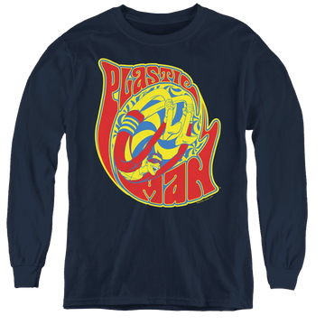 Navy youth long sleeve t-shirt with Plastic Man How I Roll graphic