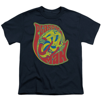 Navy youth t-shirt for ages 8 to 12 with Plastic Man How I Roll graphic